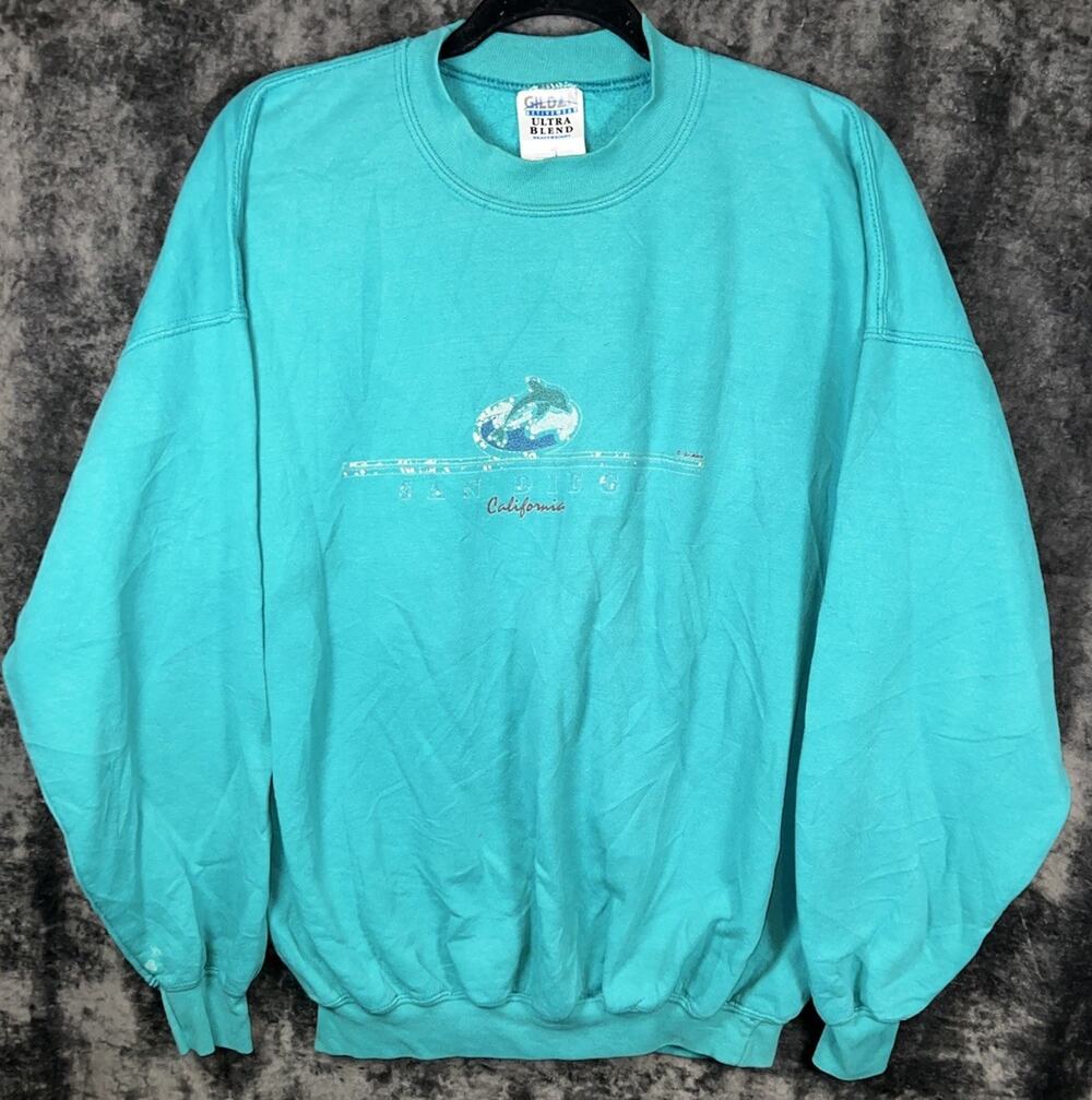 Vintage Gildan Heavyweight Sandiego California Dolphin Sweatshirt Teal XL 90s